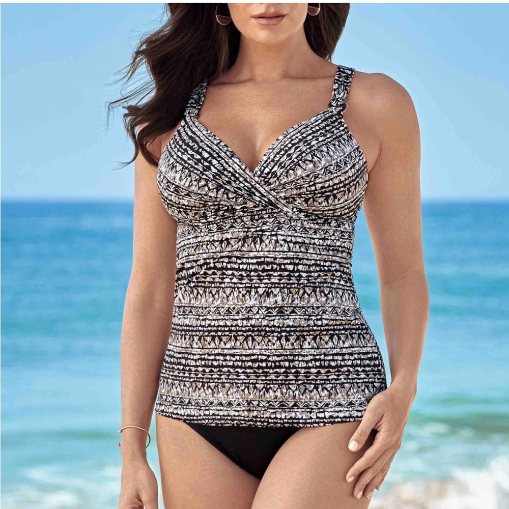 Miraclesuit Plunge Tankini Top‎ Patterned Golden LYNX NWT Size 36D